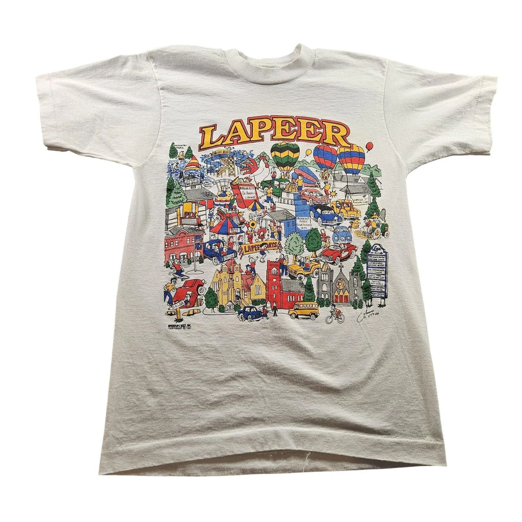 Vintage Lapeer Michigan Shirt Mens Medium White Cartoon Map Graphic USA 90s Unisex