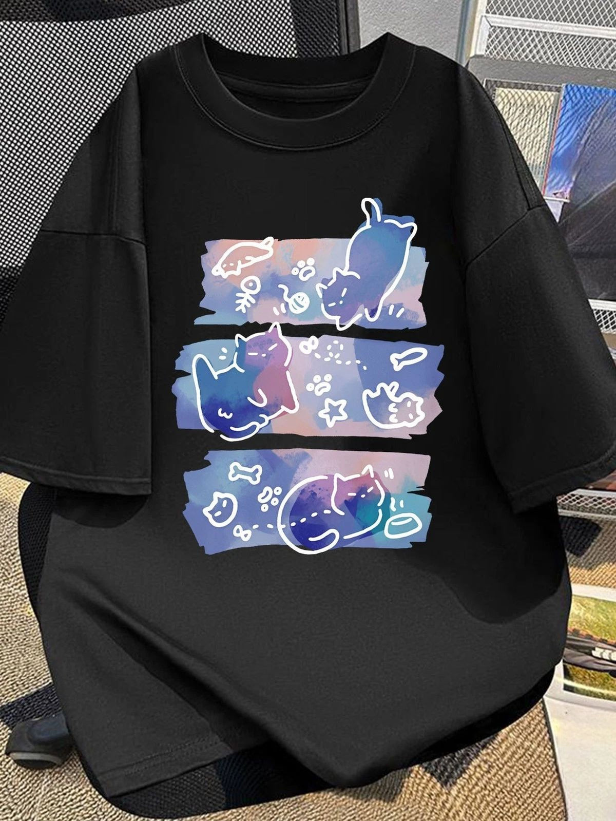 Men's Summer Casual Streetwear - Black Cat Print Short Sleeve Round Nec Unisex