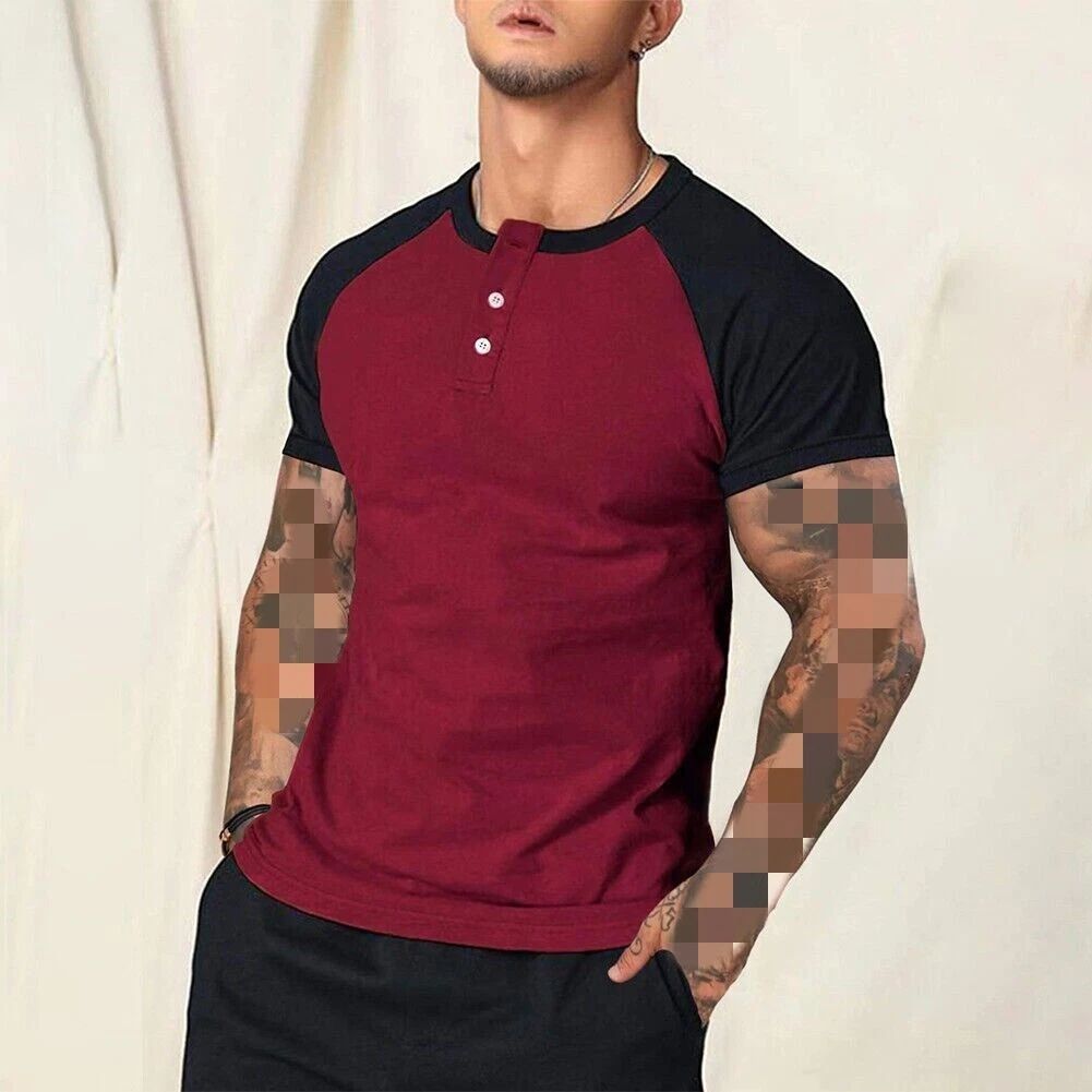 Slim Round Neck Short Sleeve Mens Color Matching Street Casual Tee Shirt Unisex