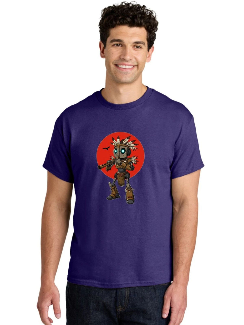 Robot-In-Native-Headdress Mens Graphic Tee, 100% Cotton, Casual Summer Wear Unisex