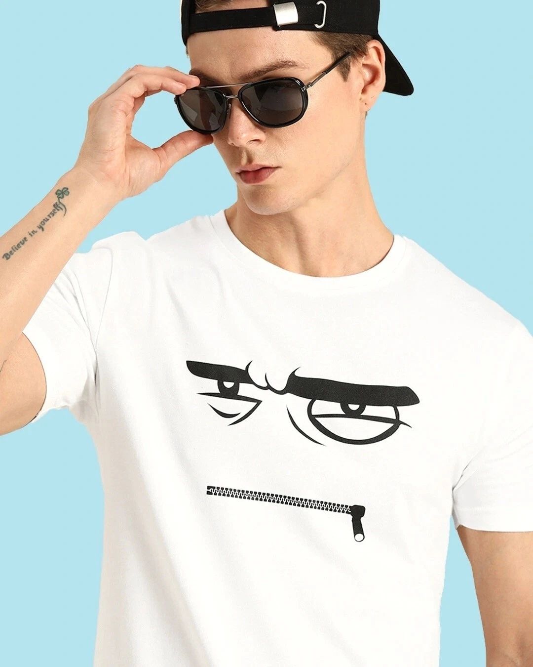 Men's Zipper Face Graphic Printed Round Neck Slim Active Fit Tee's Unisex