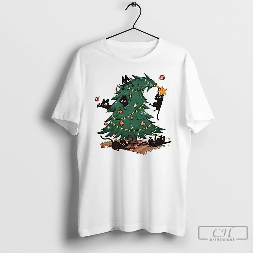 Classic Christmas Tree And Cat T Shirts Unisex