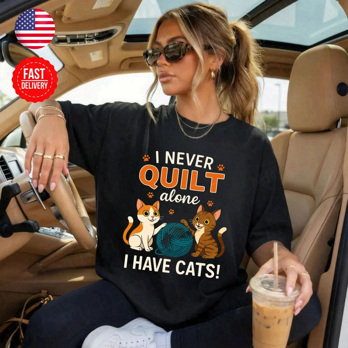 Cat Never Quilt Alone Cute Kitty Lover Gift Graphic Tee S-4XL Unisex