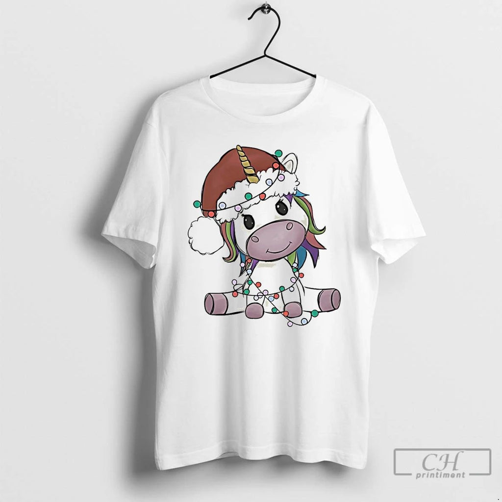 Classic Cute Unicorn Wrapped In Christmas Lights Santa Hat White T Shirts Unisex