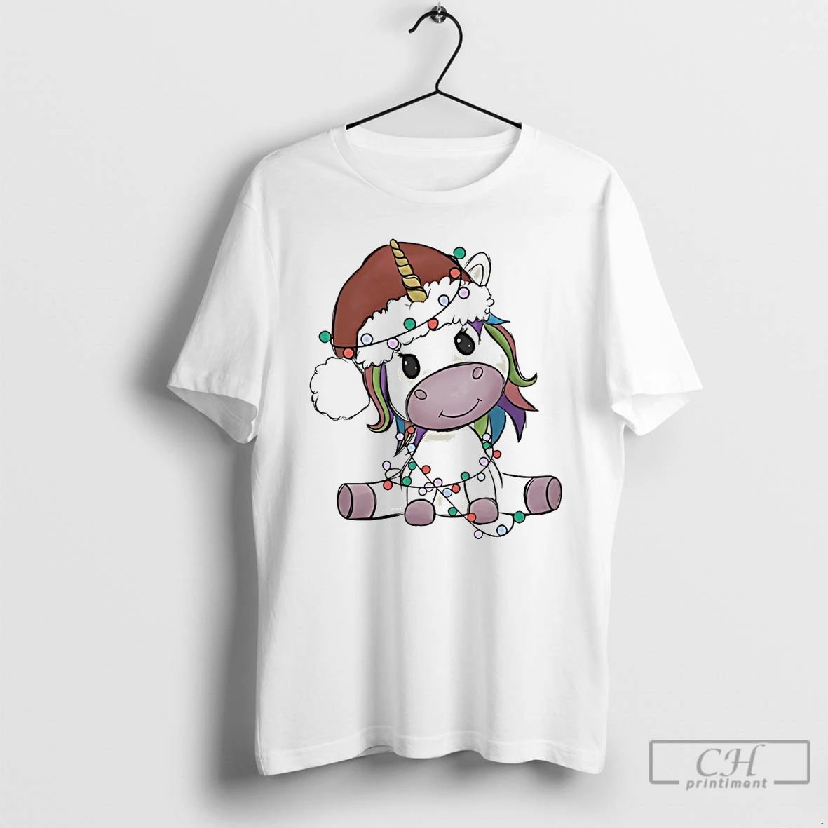 Classic Cute Unicorn Wrapped In Christmas Lights Santa Hat White T Shirts Unisex