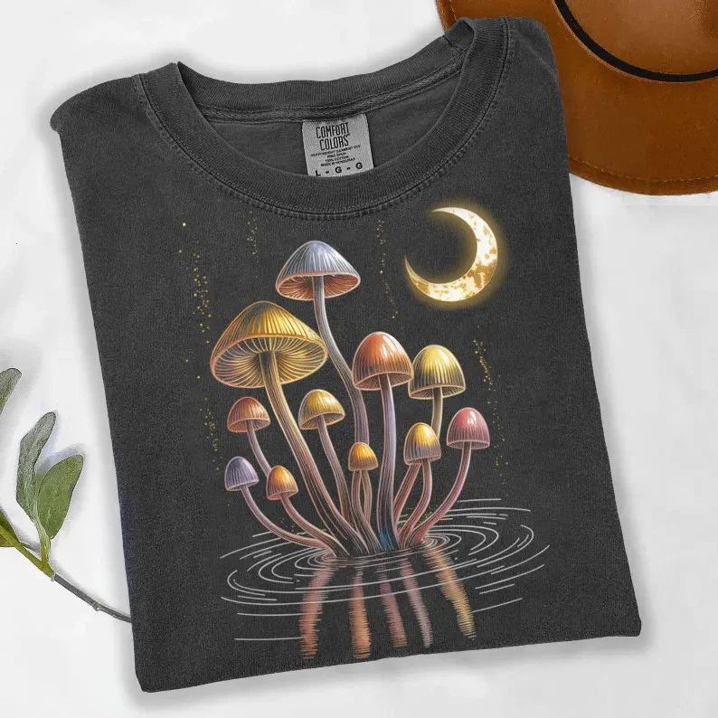 Glowing Mushroom Fantasy Crescent Comfort Tee Moon Mystical Unisex