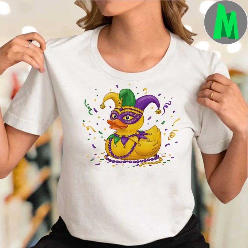 Original Cute Mardi Gras Duck Wearing Jester Crown Beads Festive Carnival Shirt Unisex
