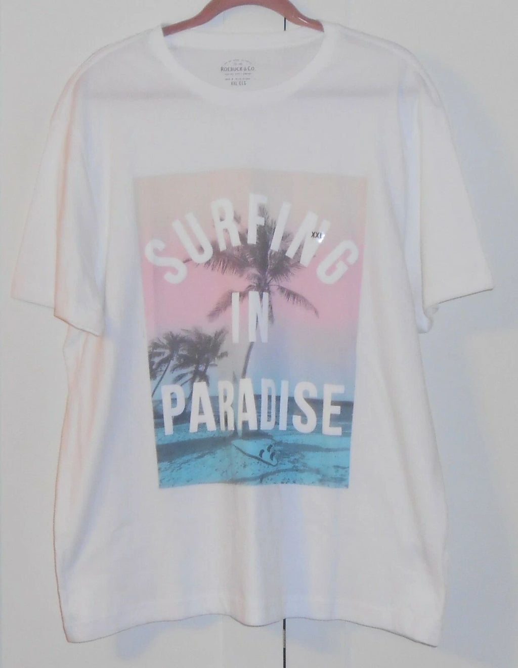 MEN'S ROEBUCK & CO. WHITE "SURFING IN PARADISE" S/S TEE - SIZE XXLARGE Unisex