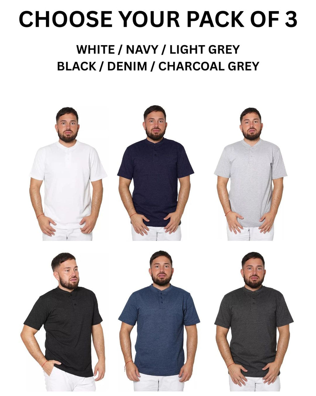 3x Mens Henley Short Sleeve Plain Grandad Neck Tops Casual Summer (2245) Unisex