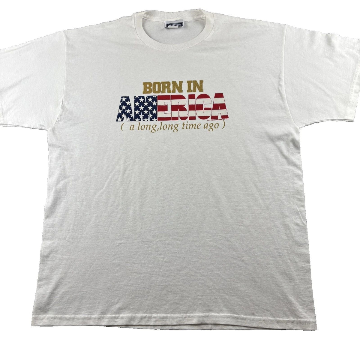 Expressions T Shirt Mens XL White Logo Born in America A Long Long Time Ago Flag Unisex