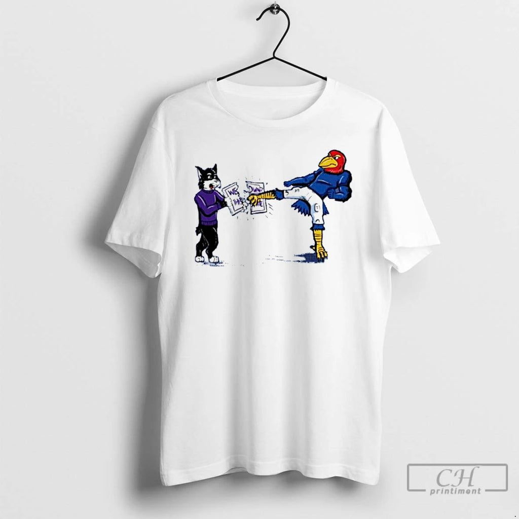 Classic Kansas Jayhawk Mascot Kicking A We Sign Kansas State T Shirts Unisex