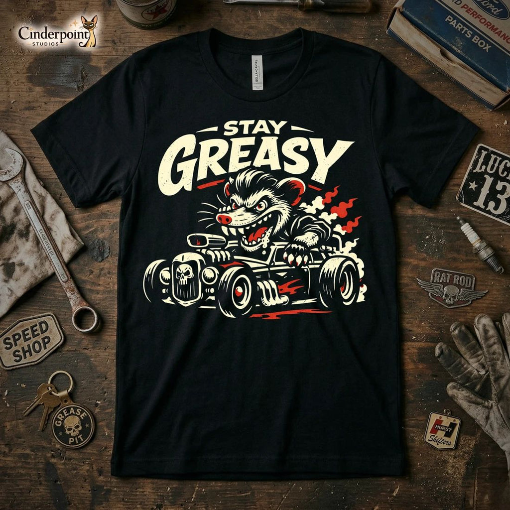 Stay Greasy Rat Rod Possum Lowbrow Art Graphic Tee Hot Rod Garage XS-5X Unisex