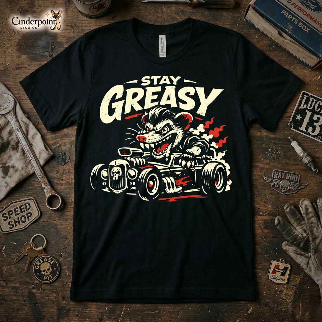 Stay Greasy Rat Rod Possum Lowbrow Art Graphic Tee Hot Rod Garage XS-5X Unisex