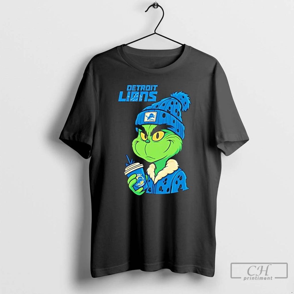 Premium Detroit Lions Grinch With Christmas Hat Logo T Shirts Unisex