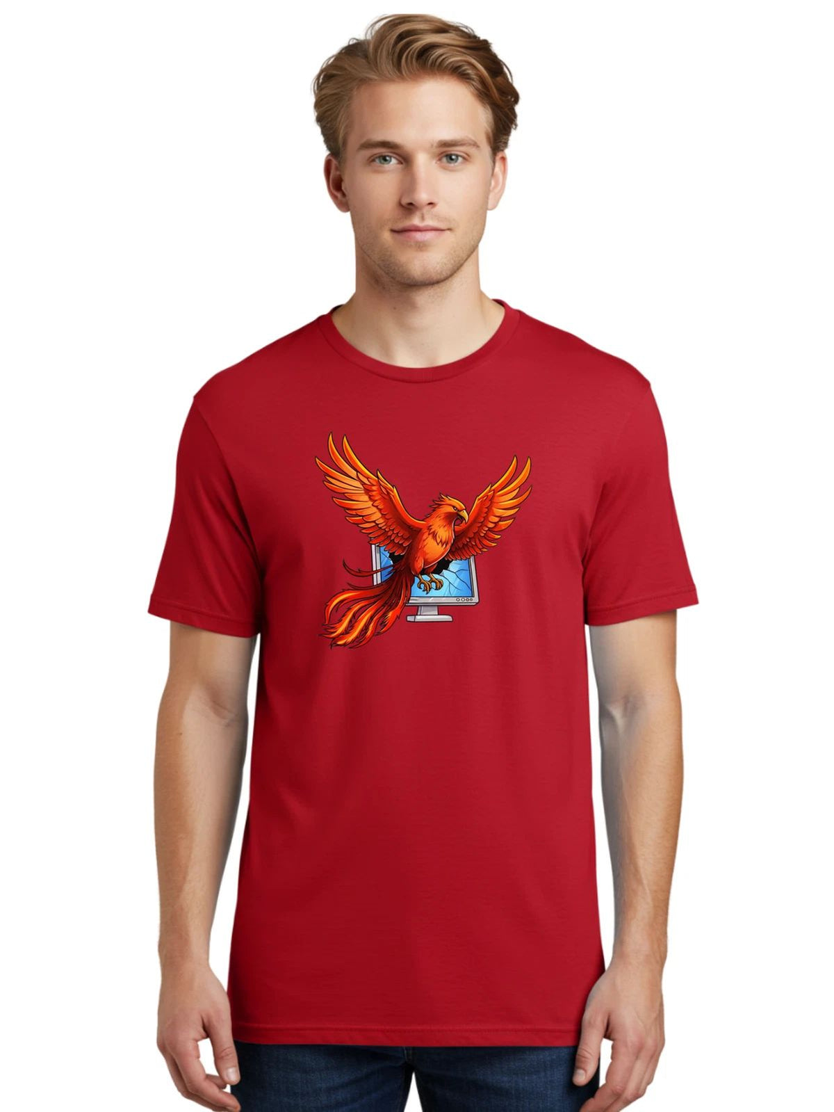 Phoenix-Rising-From-Computer Mens Graphic Tee, 100% Cotton, Casual Summer Wear Unisex