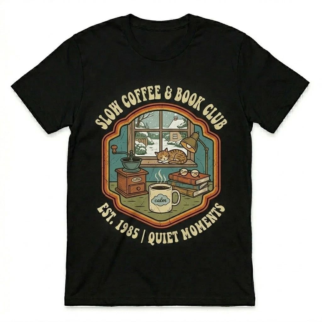 Vintage Slow Coffee Book Club Shirt Est 1985 Cat Lover Gift Tee Retro Black Top Unisex