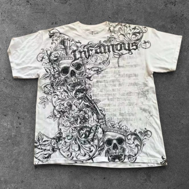 Mens Skull Crown Tee White Y2K Streetwear Grunge Affliction Style S-2XL Unisex