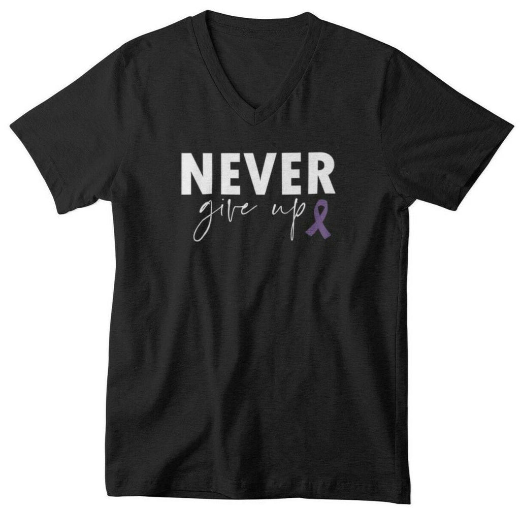 Mens V-neck Never Give Up T Shirt Epilepsy Awareness Pancreatic Cancer Unisex
