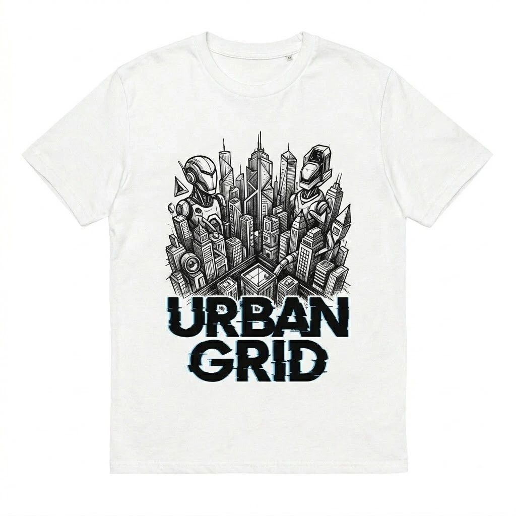Urban Grid Cyberpunk Robot - Futuristic Sci-Fi City Graphic Tee for Men Unisex
