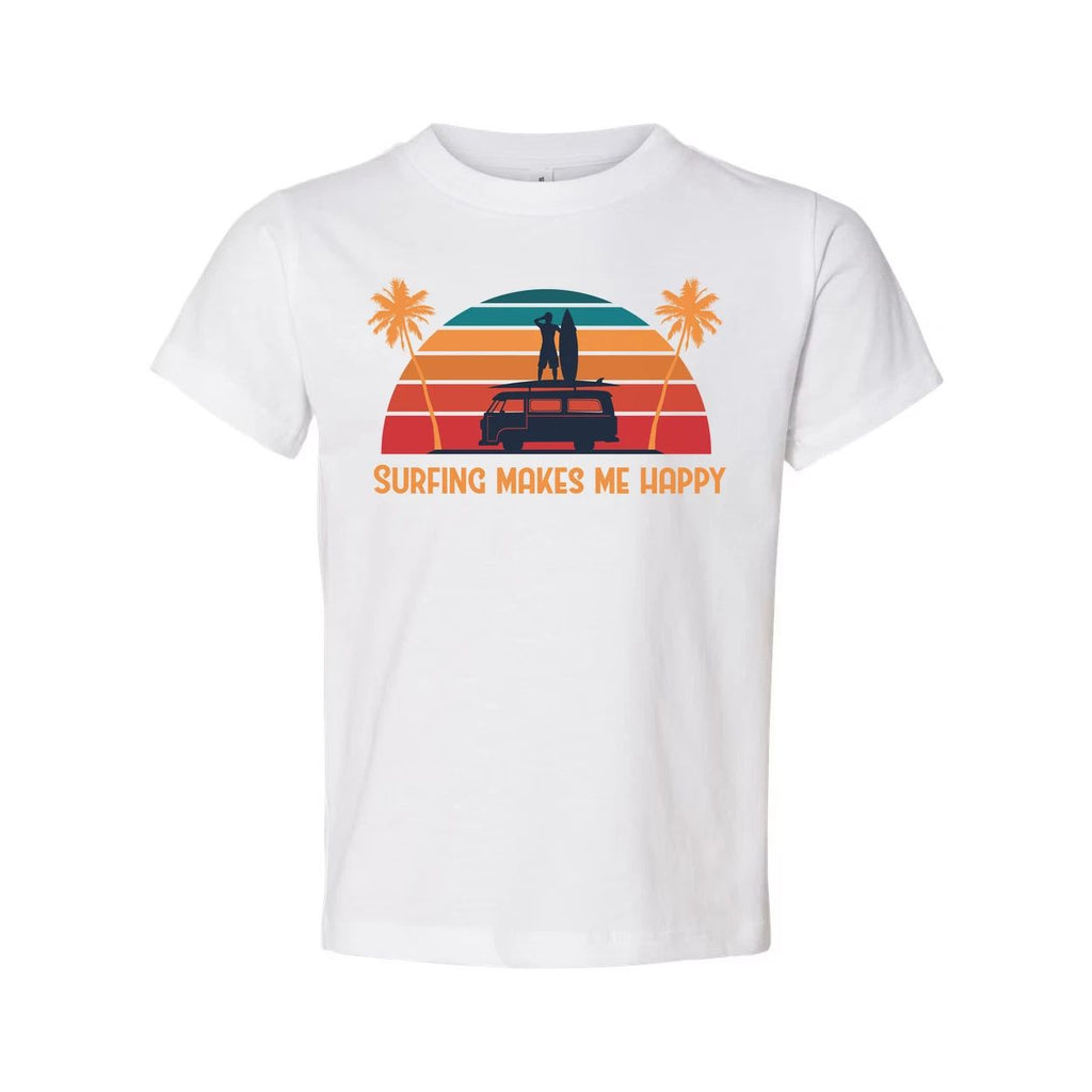 Surfing Makes Me Happy Unisex T Shirt With Retro Sunset Beach Scene And Surfboar Unisex