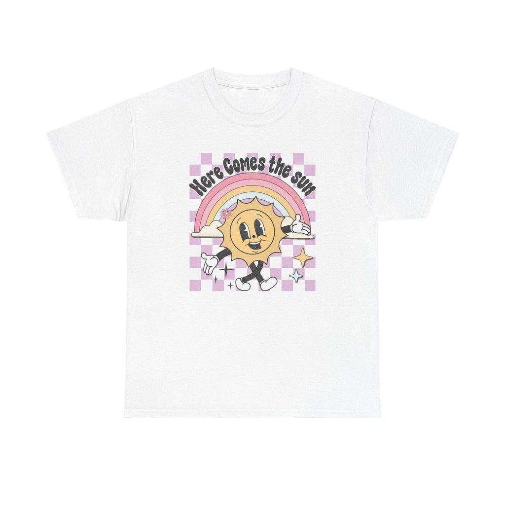 Here Comes the Sun tee | Retro smiling sun rainbow, checkerboard Unisex