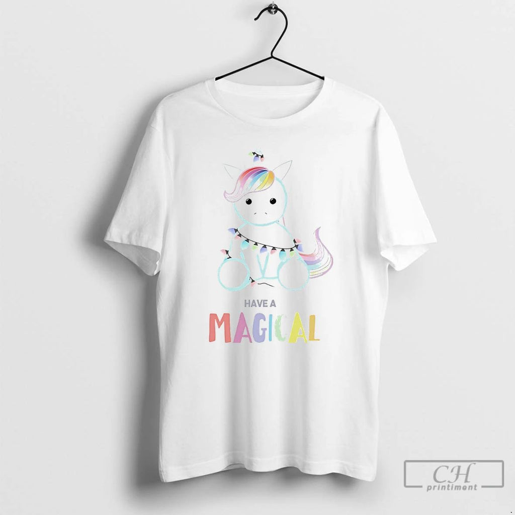Classic Have A Magical Christmas Unicorn Light String White T Shirts Unisex