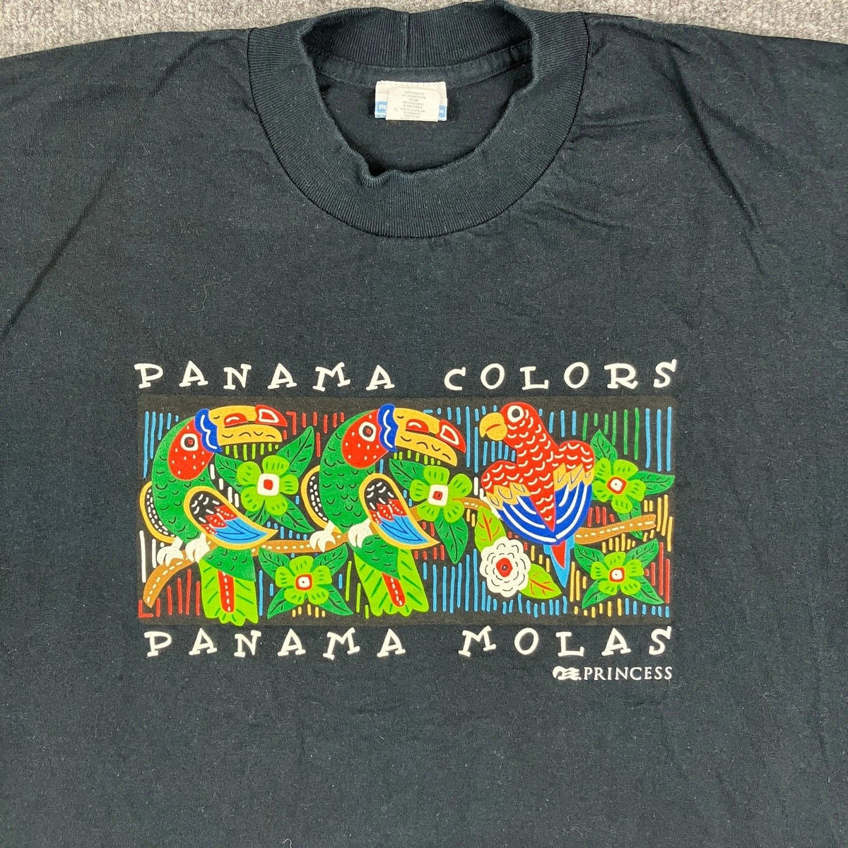 Princess Mens Size XL Black Panama Colors Parrot Graphic Travel Tee Unisex