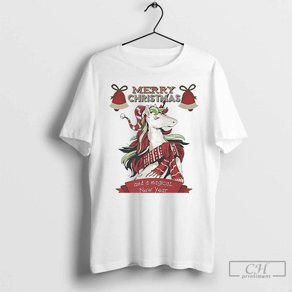 Classic Elegant Christmas Unicorn Scarf Merry Holiday White T Shirts Unisex