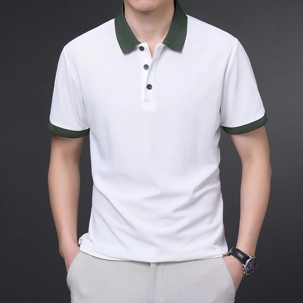 Trendy Mens Lapel Shirts Color Patchwork Comfortable Summer Business Casual Tops Unisex
