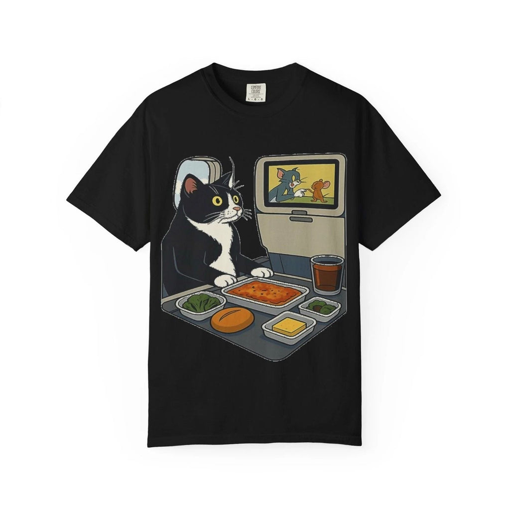Funny Cat Airplane Travel – Cartoon Flight Feast & Laughs Tee Unisex