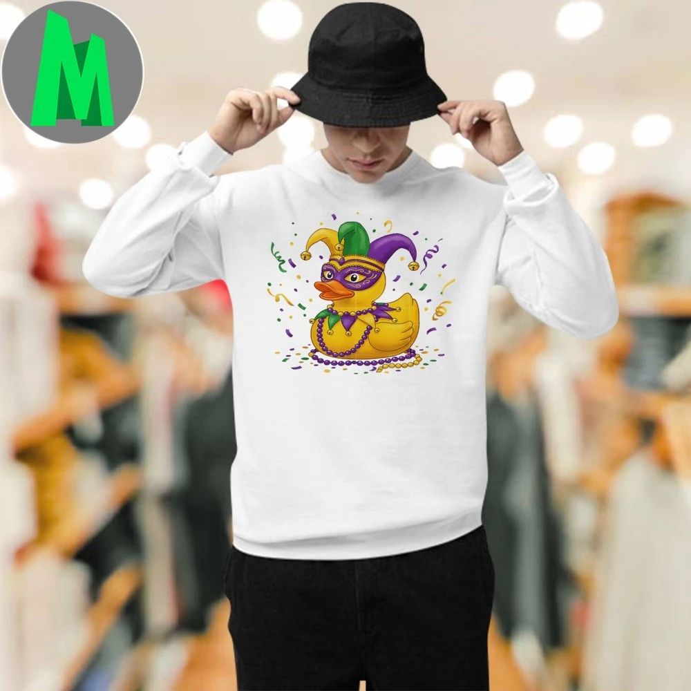 Original Cute Mardi Gras Duck Wearing Jester Crown Beads Festive Carnival Shirt Unisex