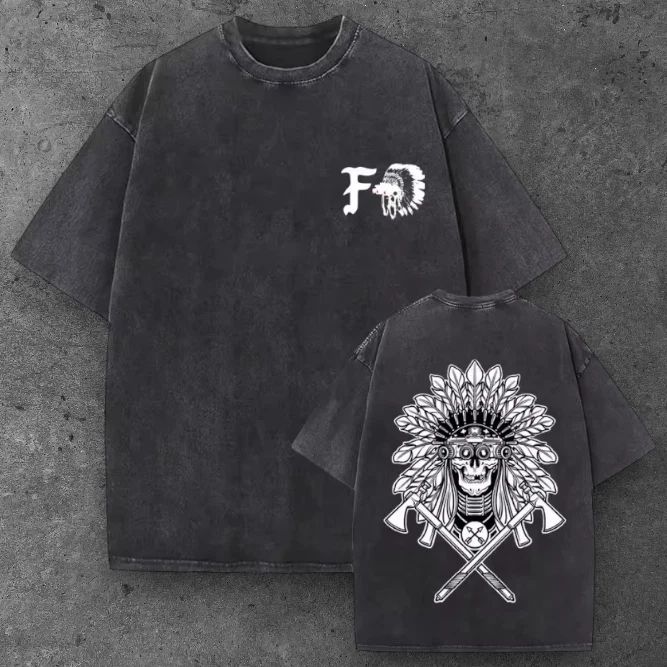 Mens War Bonnet Skull Tomahawk Oversized T Shirt Black Grunge Aesthetic S-2XL Unisex