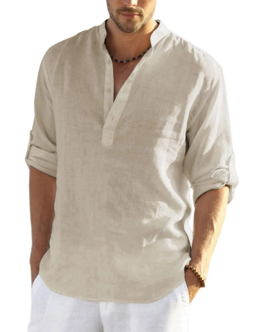 COOFANDY Men's Cotton Linen Henley Long Sleeve s Light Khaki, XL Unisex