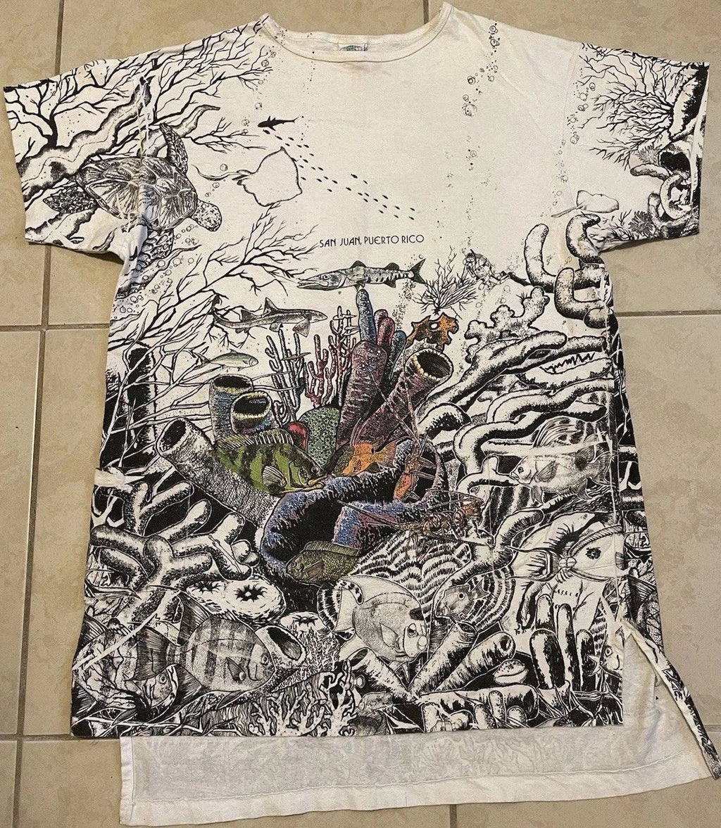 Vtg 90s Puerto Rico Faded AOP Abstract Art Sleeping Shirt Beach Surf Fish Animal Unisex