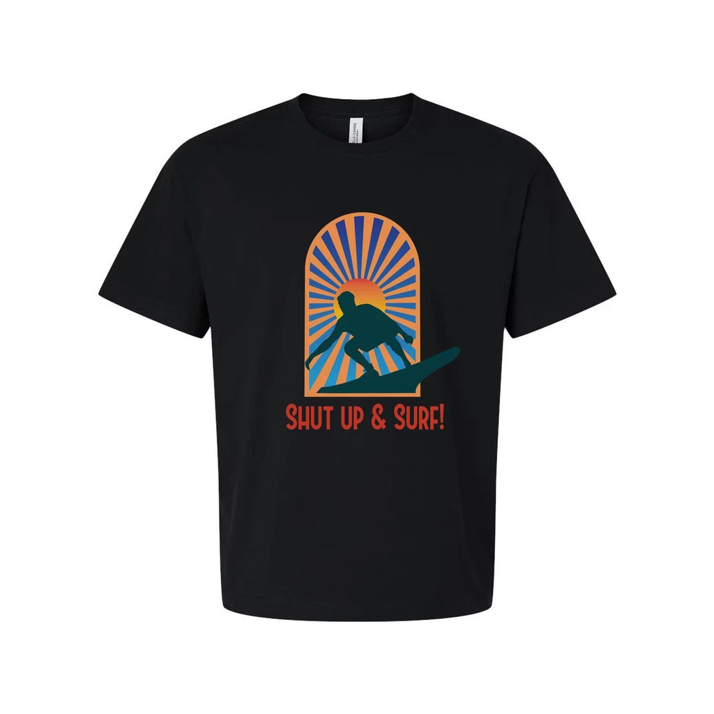 Unisex Surfing Graphic Tee With Sunburst Arch Silhouette Of Surfer And Retro Sty Unisex