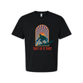 Unisex Surfing Graphic Tee With Sunburst Arch Silhouette Of Surfer And Retro Sty Unisex
