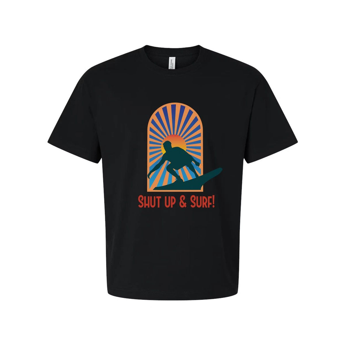 Unisex Surfing Graphic Tee With Sunburst Arch Silhouette Of Surfer And Retro Sty Unisex