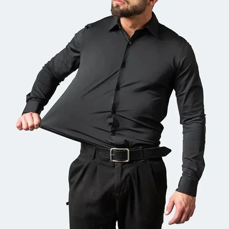 Four-way Men Long Sleeve Shirt, Men's Tops, Solid Color Simple Slim Shirt shirts Unisex