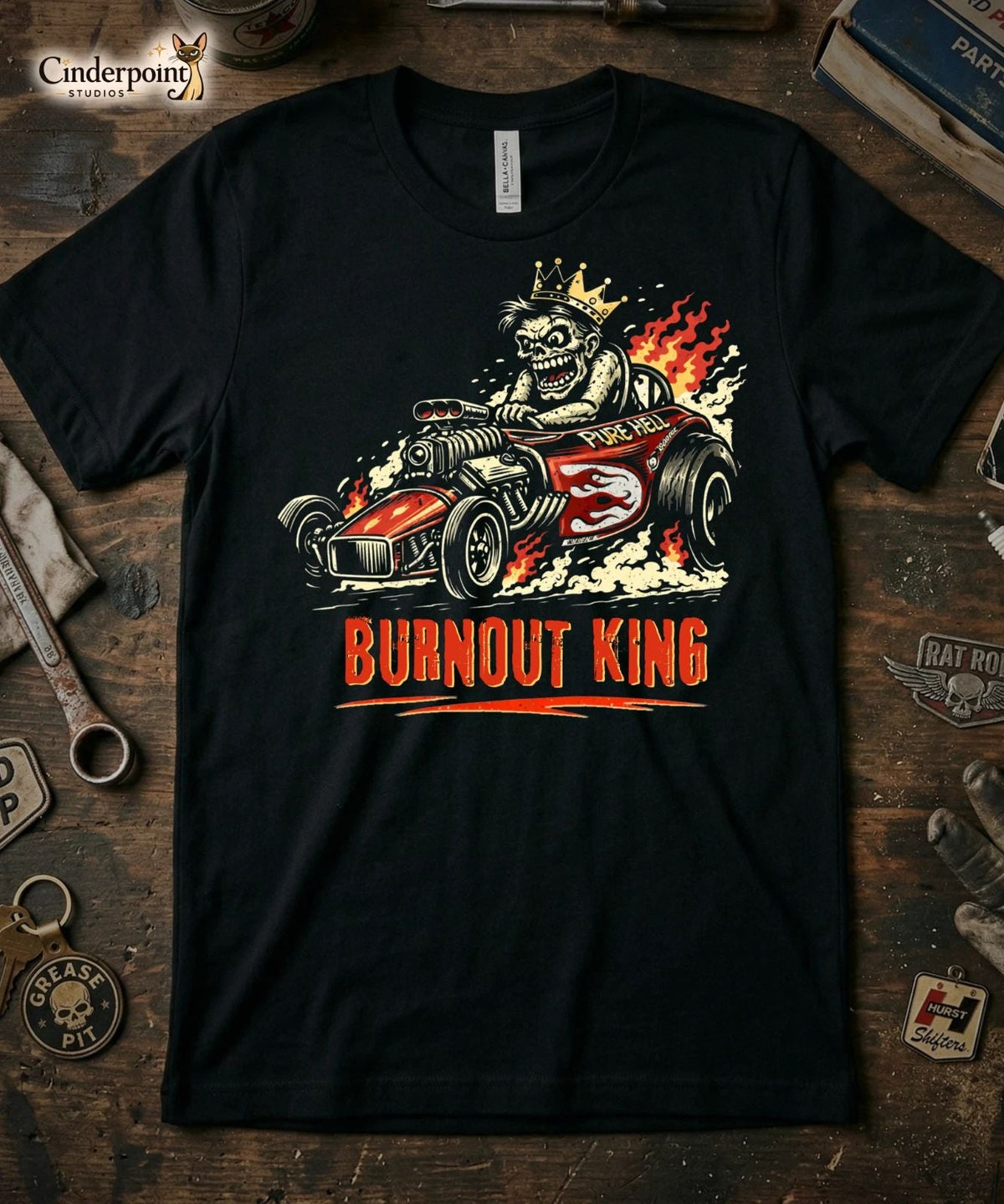 Burnout King Lowbrow Zombie Retro Drag Race Graphic Tee Rat Rod XS-5X Unisex