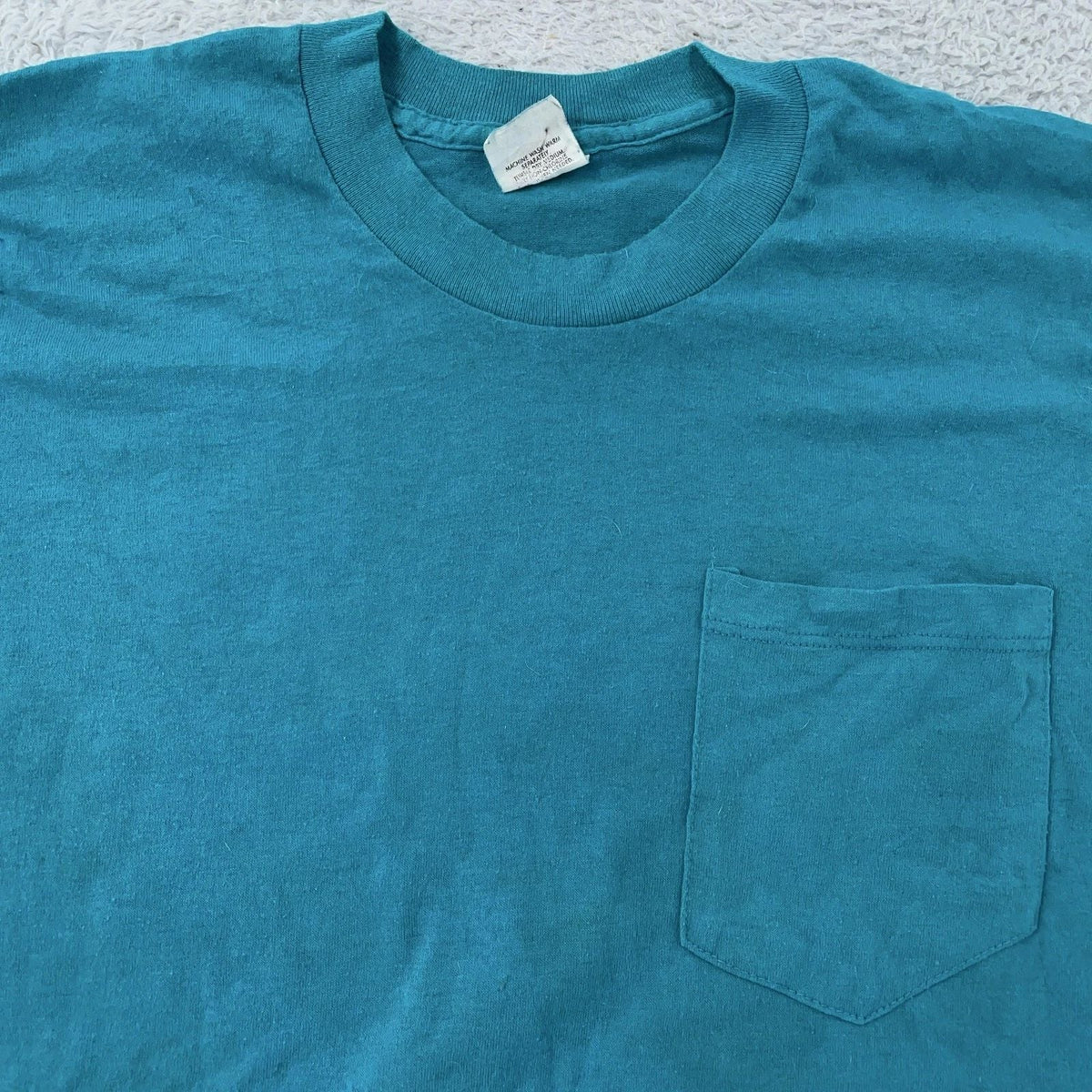 Vintage 90s Blank Pocket Shirt Mens XS Teal Blue Made in USA 50/50 Crewneck Tee Unisex
