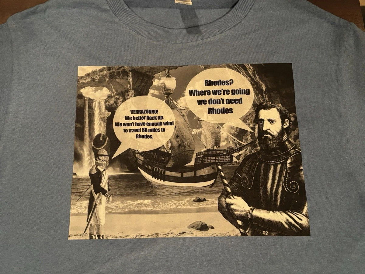 Small Blue Jerzees Short Sleeve. Verrazano Time Travel Front. DTF Transfer Unisex