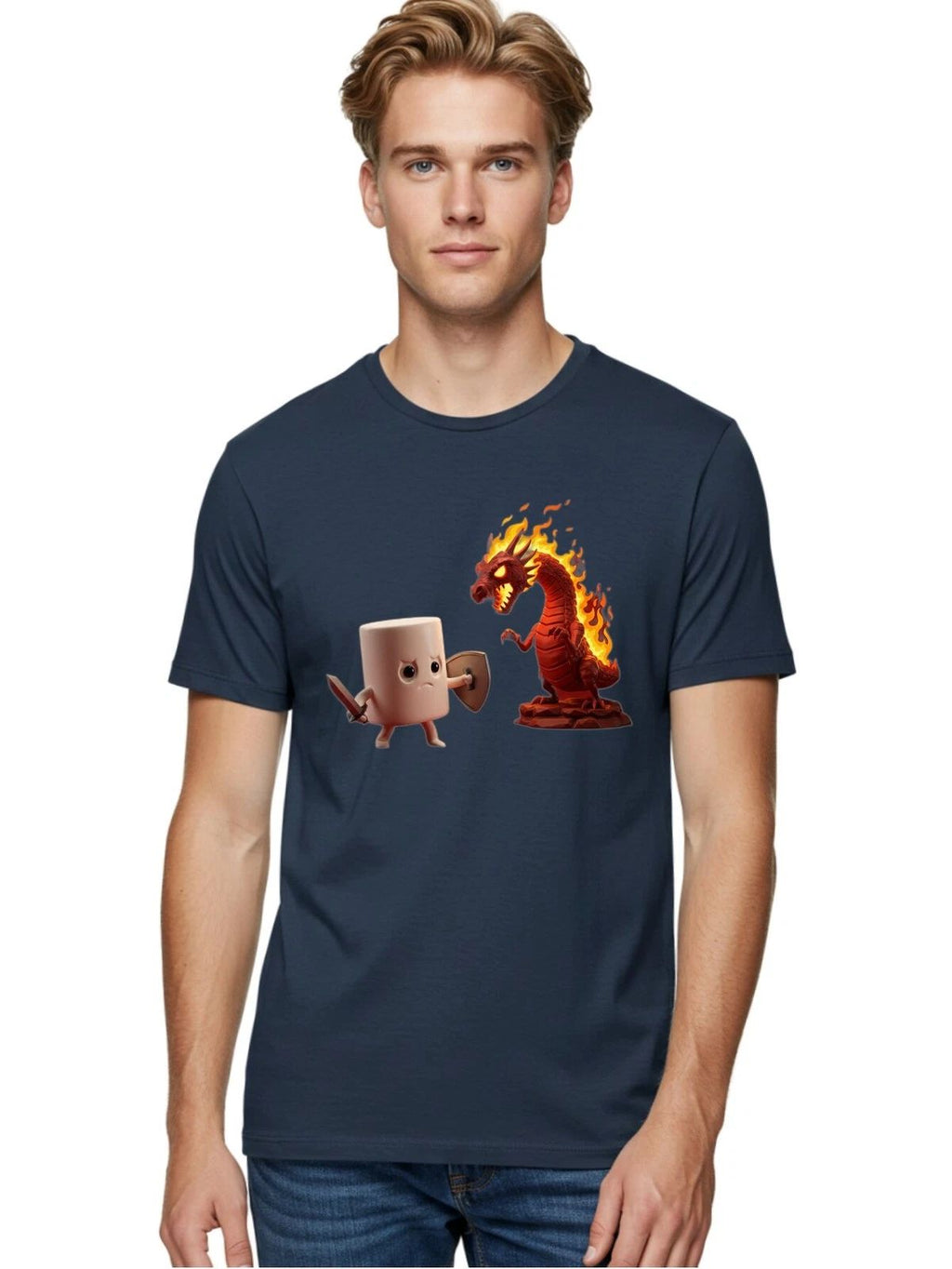 Marshmallow-Vs-Dragon Mens Graphic Tee, 100% Cotton, Casual Summer Wear Unisex