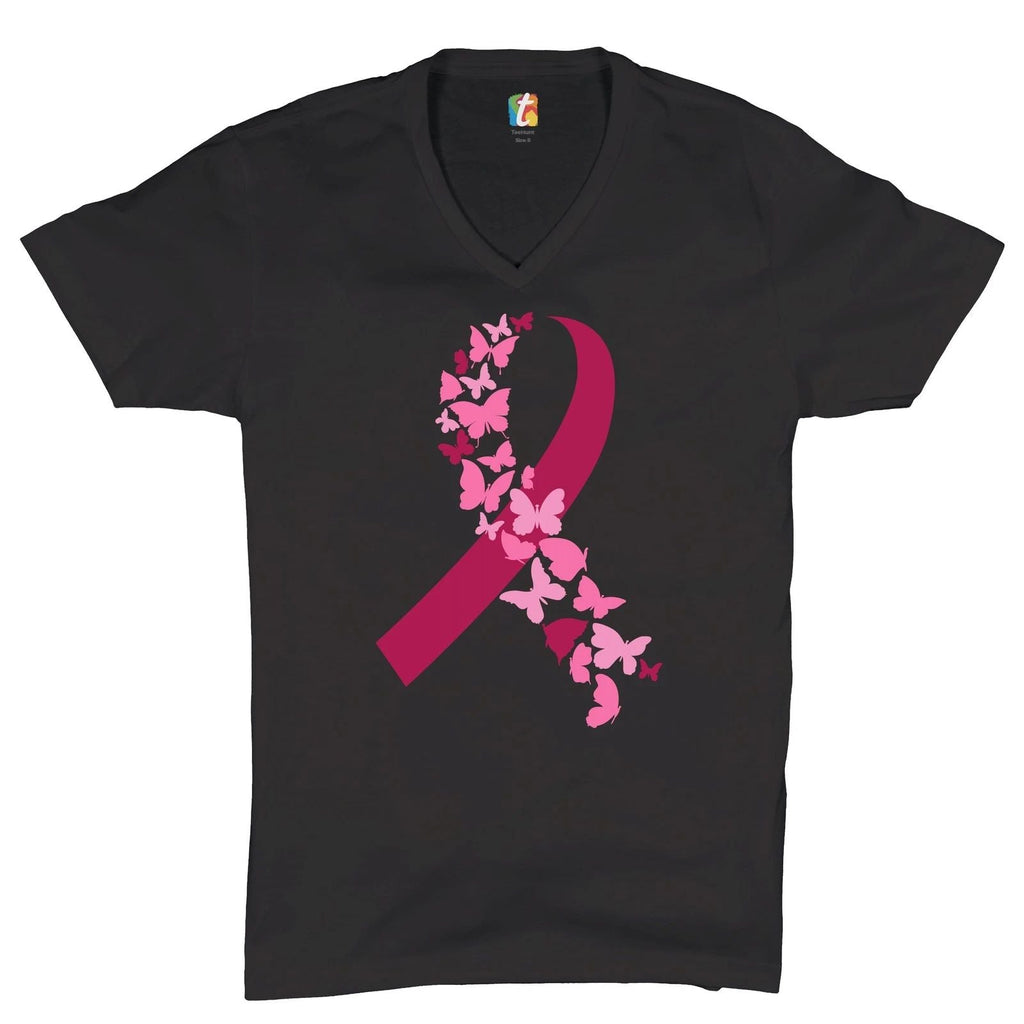 Butterflies Pink Ribbon V-Neck Breast Cancer Awareness Hope Tee Unisex