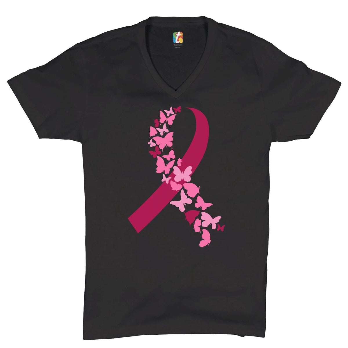 Butterflies Pink Ribbon V-Neck Breast Cancer Awareness Hope Tee Unisex