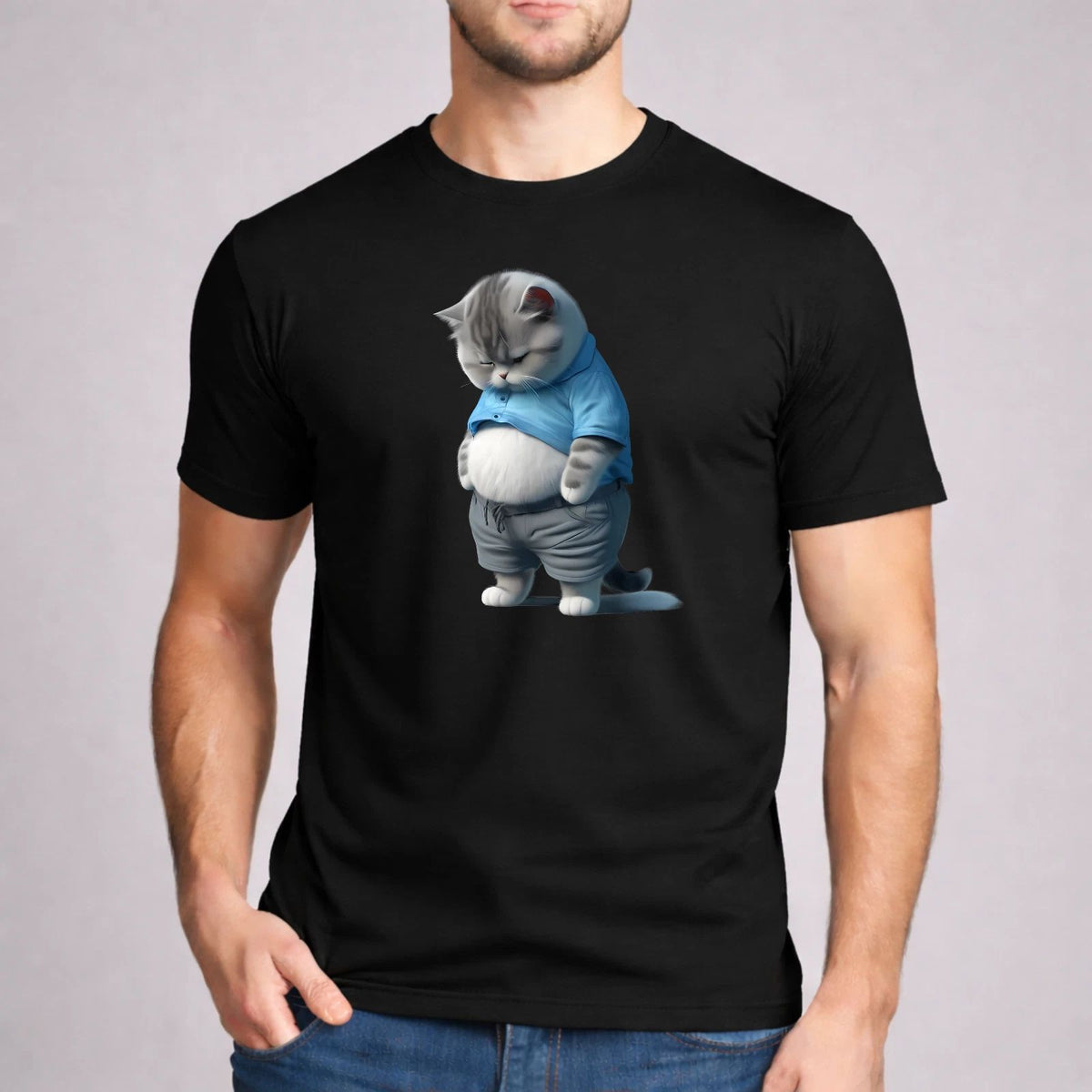 Fat Cat Shirt Sad Kitten Belly Humor Funny Cat Lover Gift Black Graphic Tee Unisex