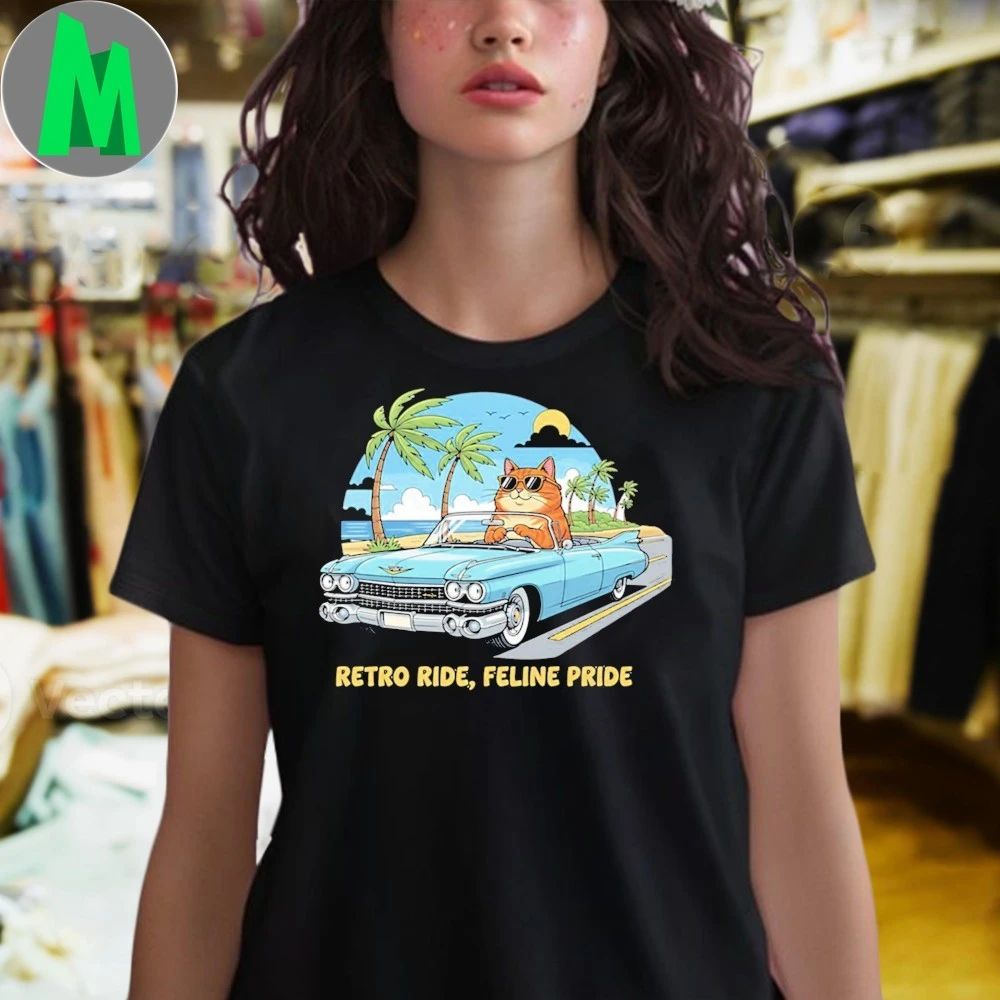 Retro Cat Convertible Cruise Beach Vibes Vintage Aesthetic Shirt Unisex
