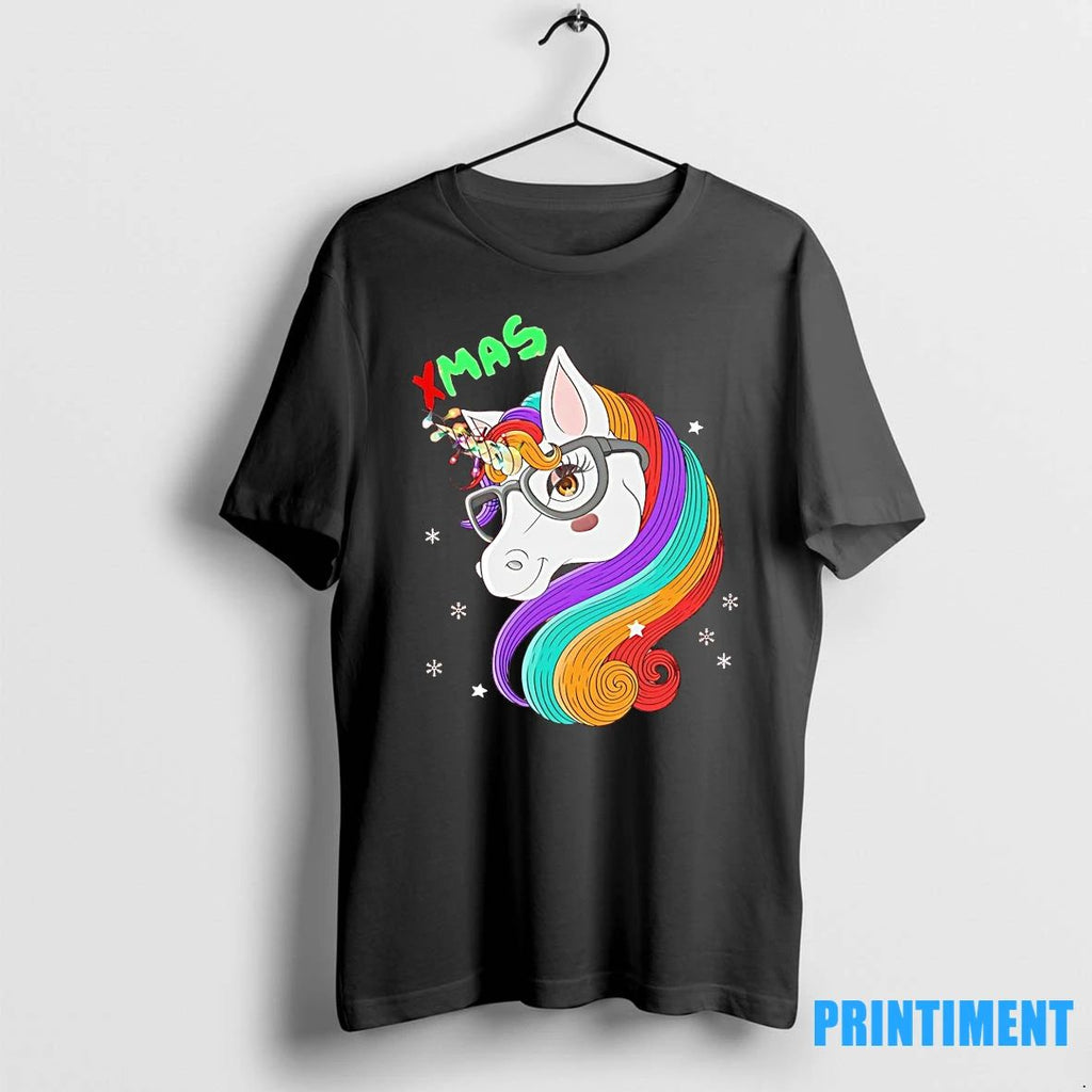 Xmas Glasses Unicorn Rainbow Hair Holiday Tshirts Sweater Unisex