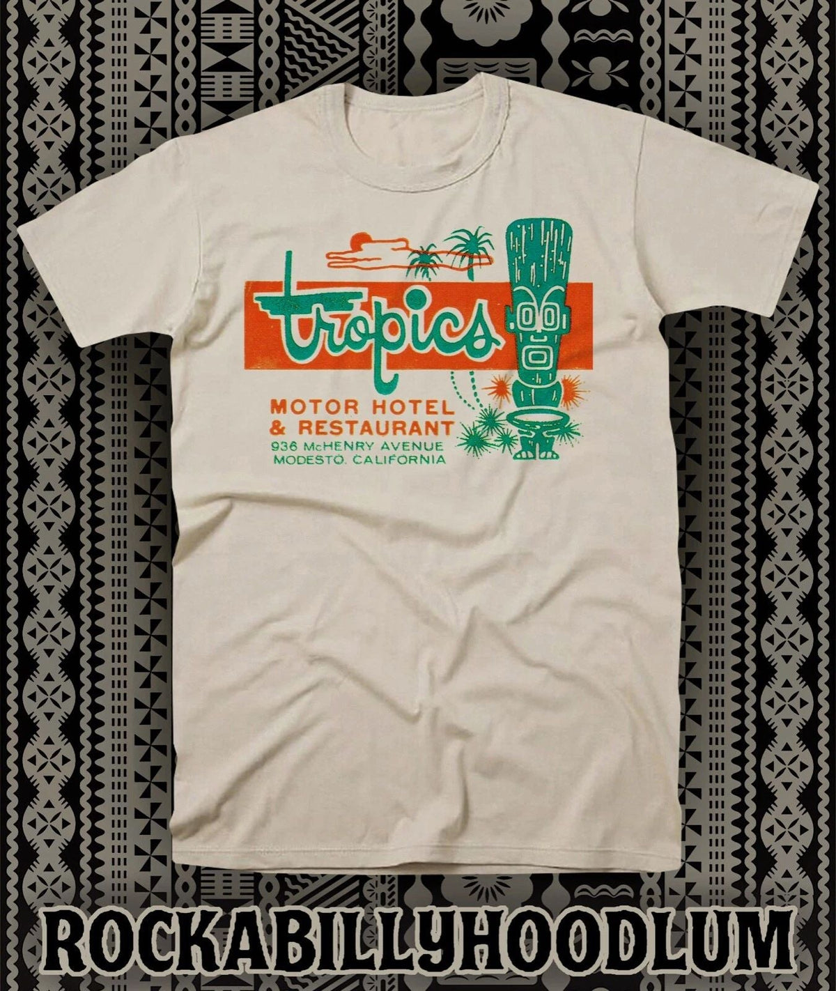Retro Tiki Art Tee T Shirt Polynesian The Tropics Hotel Restaurant Bar CA Unisex