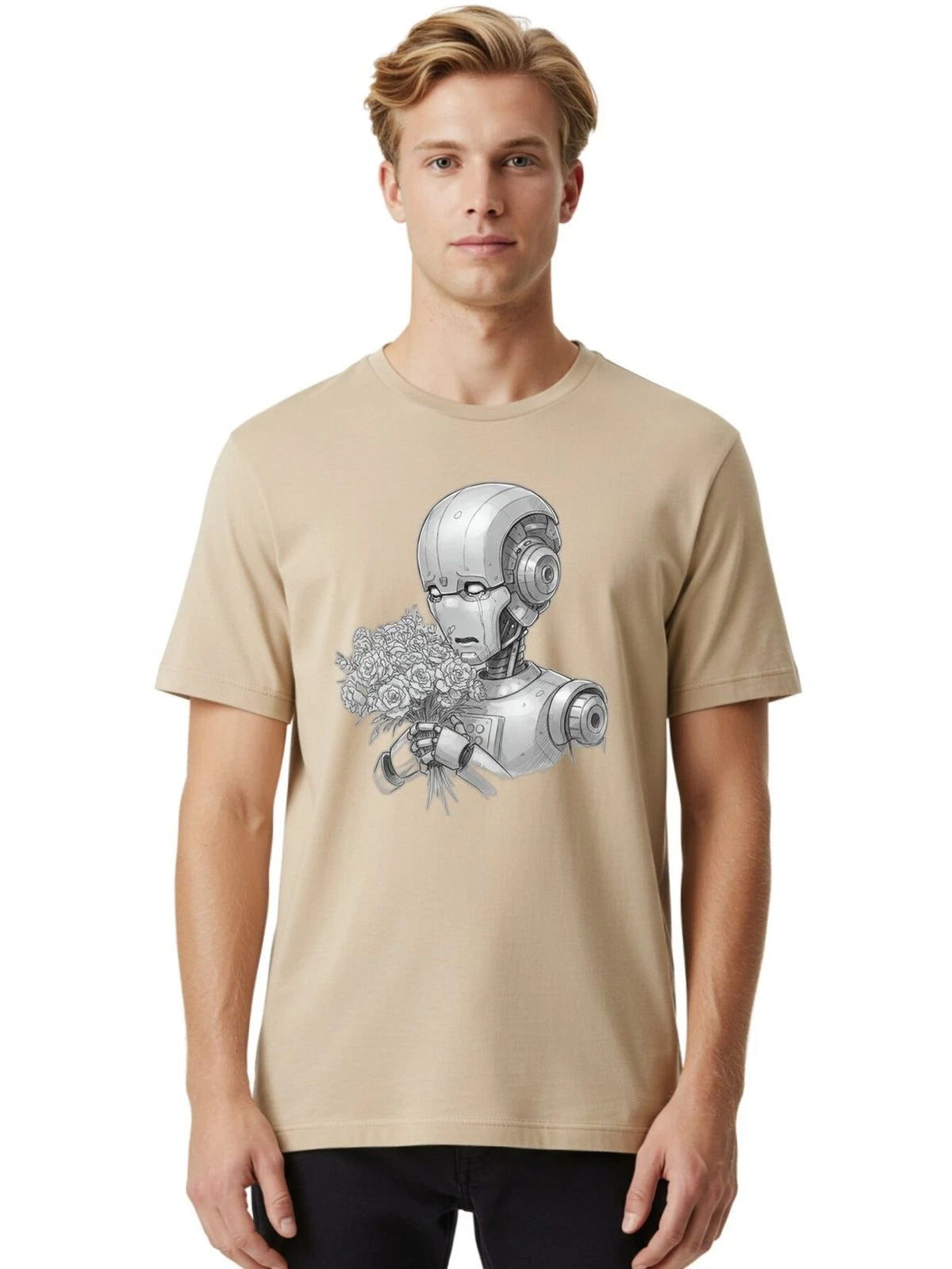 Robot-With-Flowers-2 Mens Graphic Tee, 100% Cotton, Casual Summer Wear Unisex