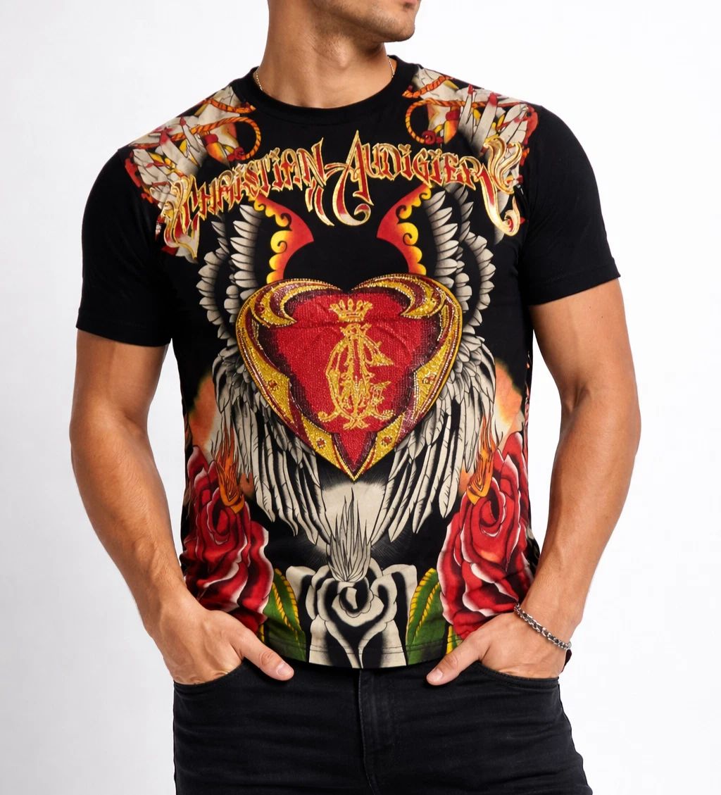 Christian Audigier Rhinestone Graphic Black Red Roses Wings Vintage NWT Unisex